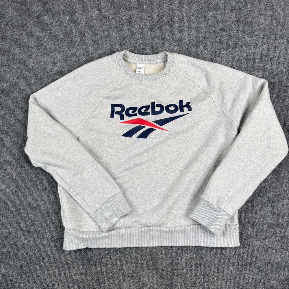 Reebok Sweatshirt Mens Size L Gray Graphic Logo Raglan Sleeve Athletic Pullover